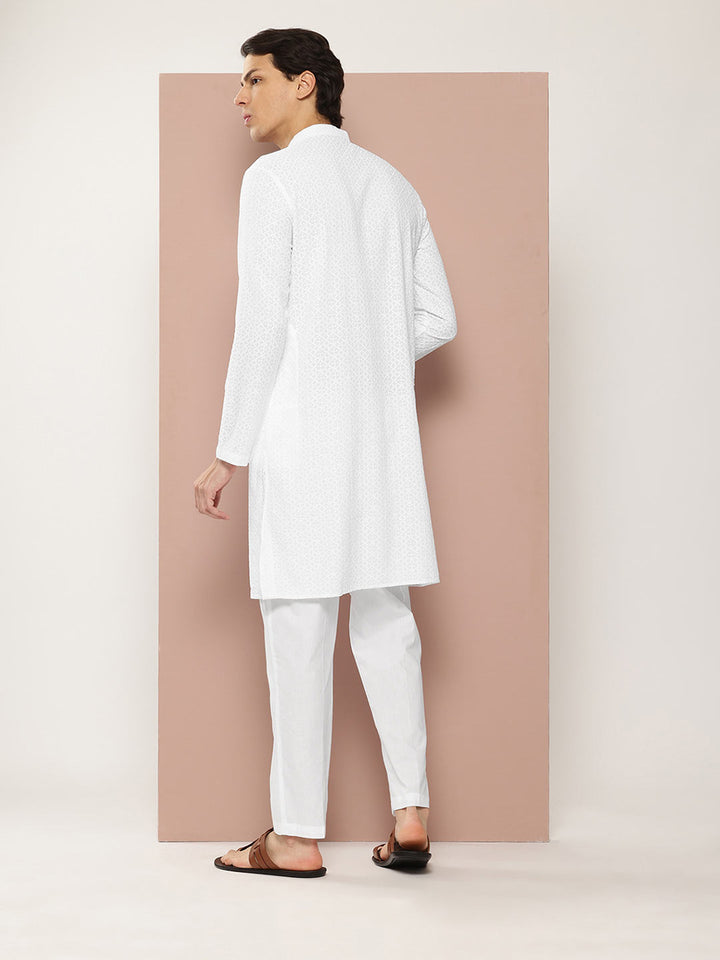 Men’s White Rayon Kurta with Embroidered Chikankari, Paired with Pyjama