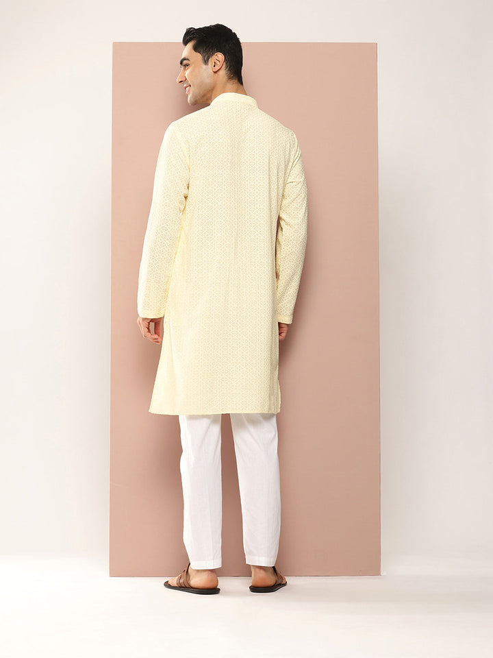 Men’s Cream Rayon Kurta with Embroidered Chikankari, Paired with Pyjama