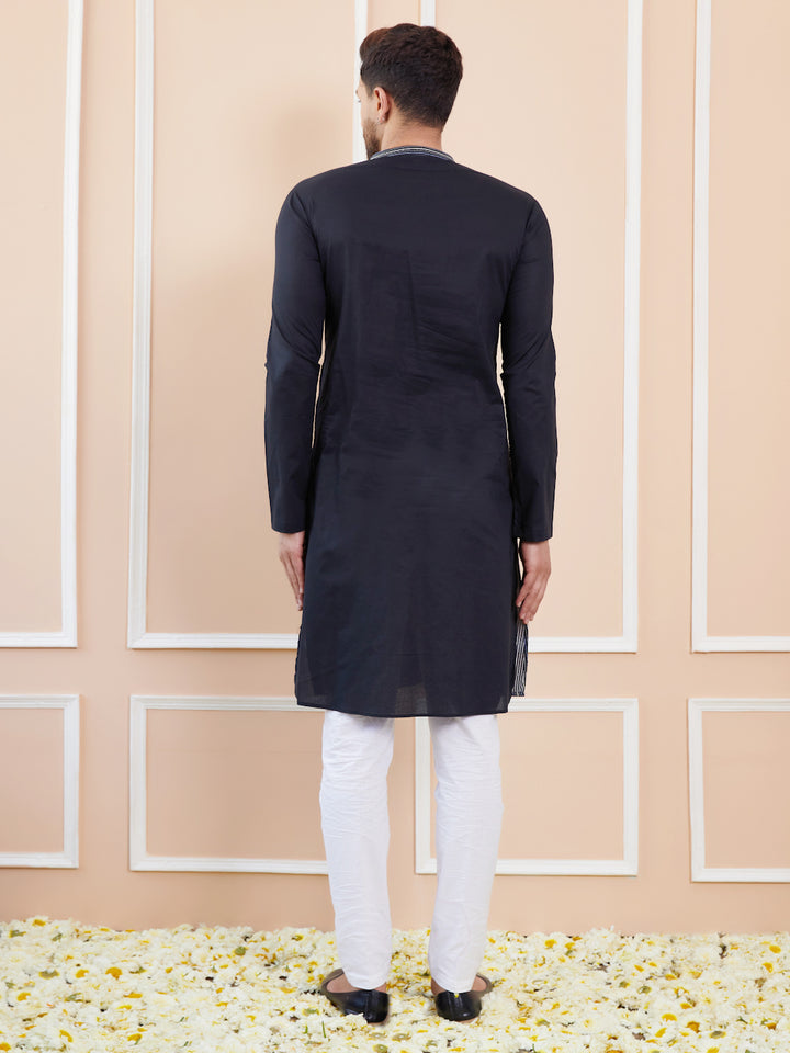 Black Sequins and Thread Worked Cotton Straight Kurta with Pyjama