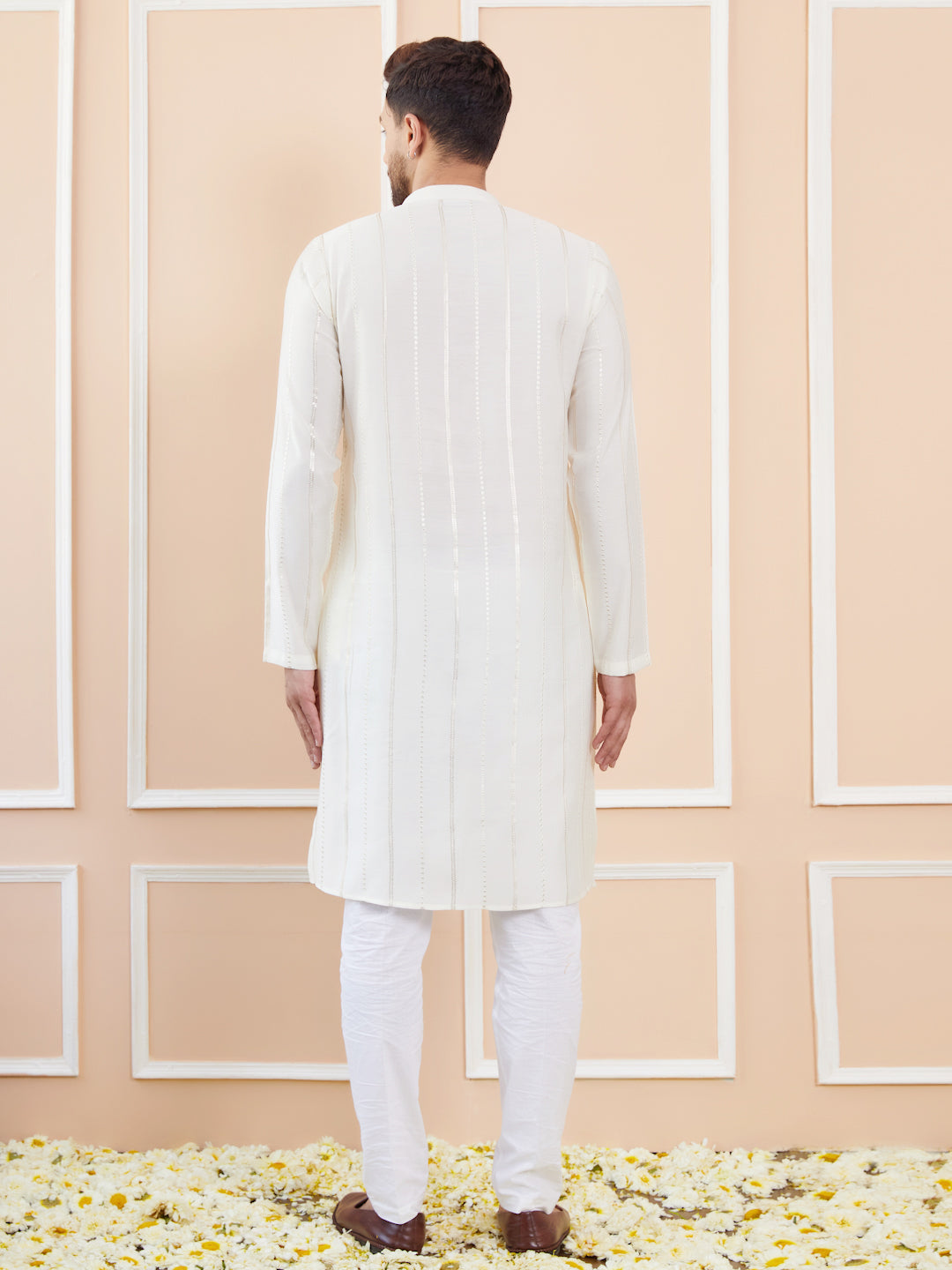 Off White and Gold Sequins Embroidered Chanderi Silk Straight Kurta