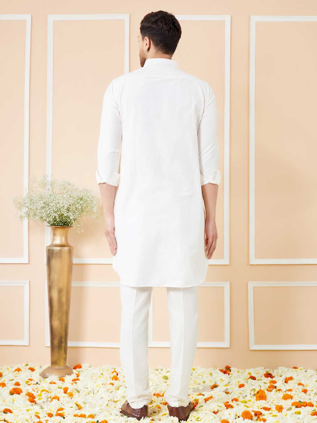 Off White Cotton Solid Pathani Kurta with Pyjama