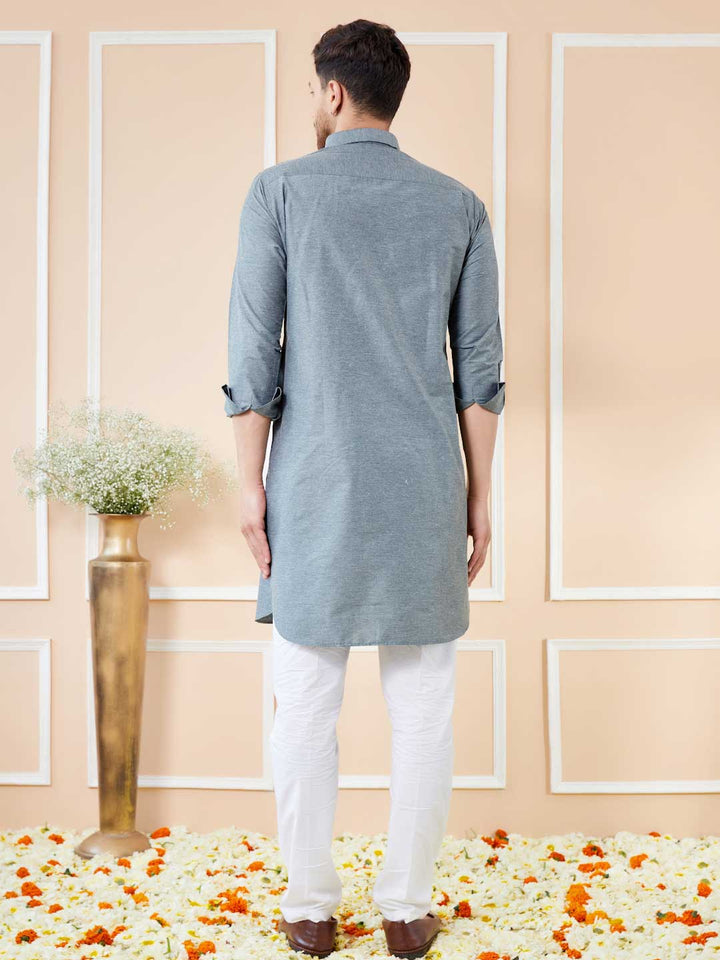 Grey Cotton Solid Pathani Kurta with Pyjama