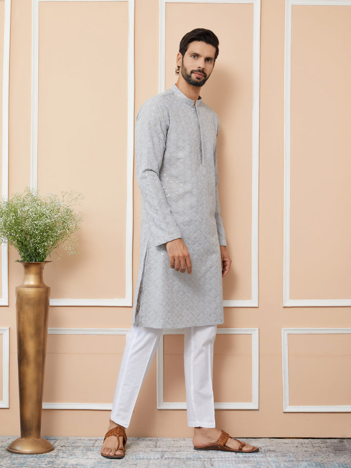 Grey Sequins and Thread Embroidered Cotton Straight Kurta with Pyjama