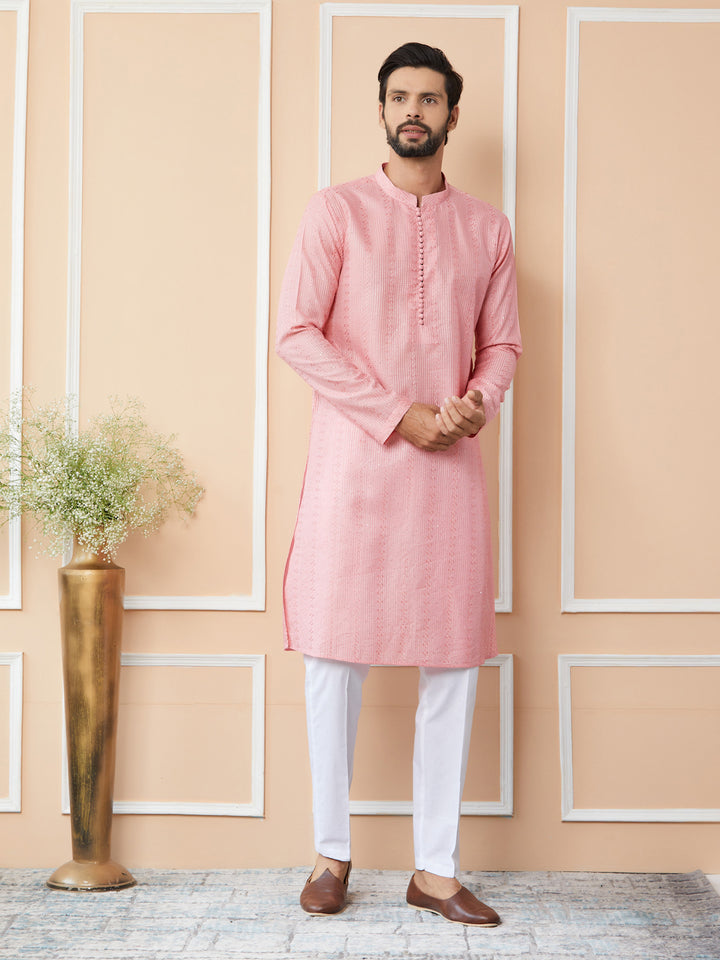 Pink Embroidered Thread Work Sequinned Chanderi Silk Straight Kurta with Pyjama