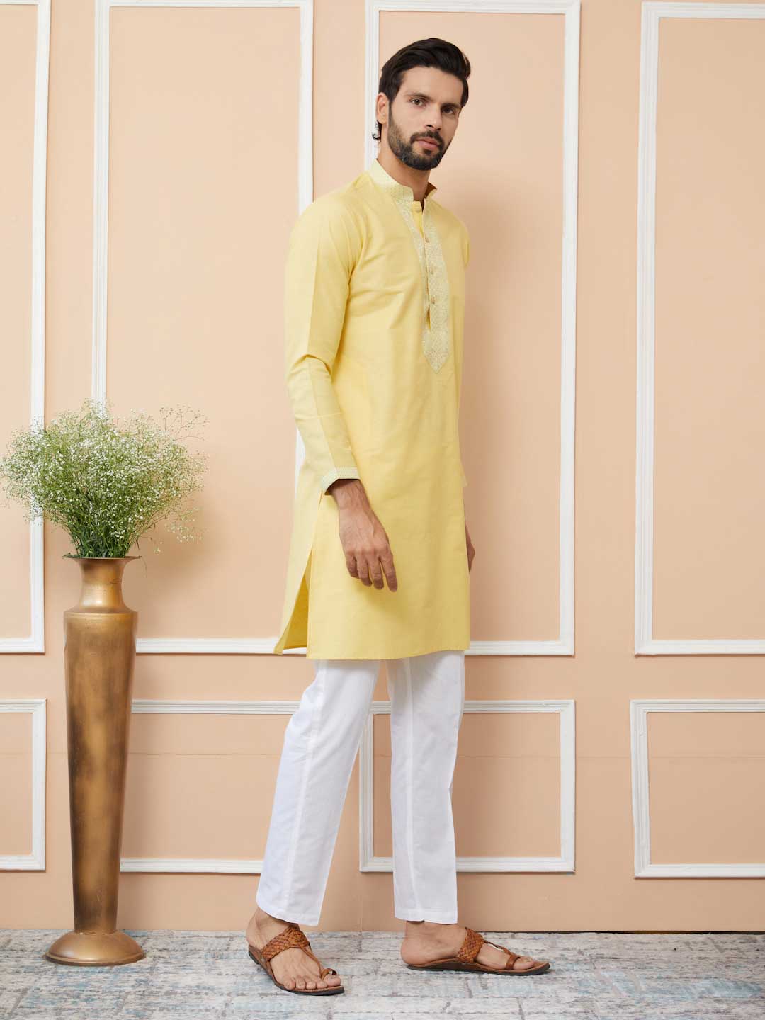 Yellow Solid Cotton Straight Kurta with Jacquard neckline