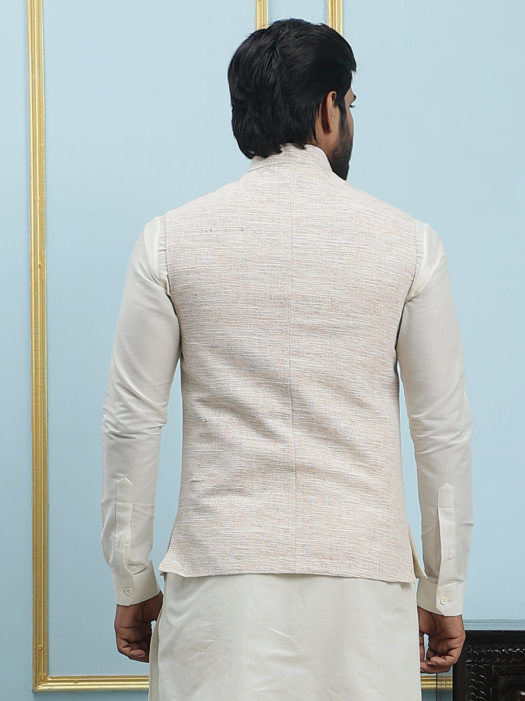 Pure Silk Straight Kurta & Pyjama Set with Handwoven Nehru Jacket