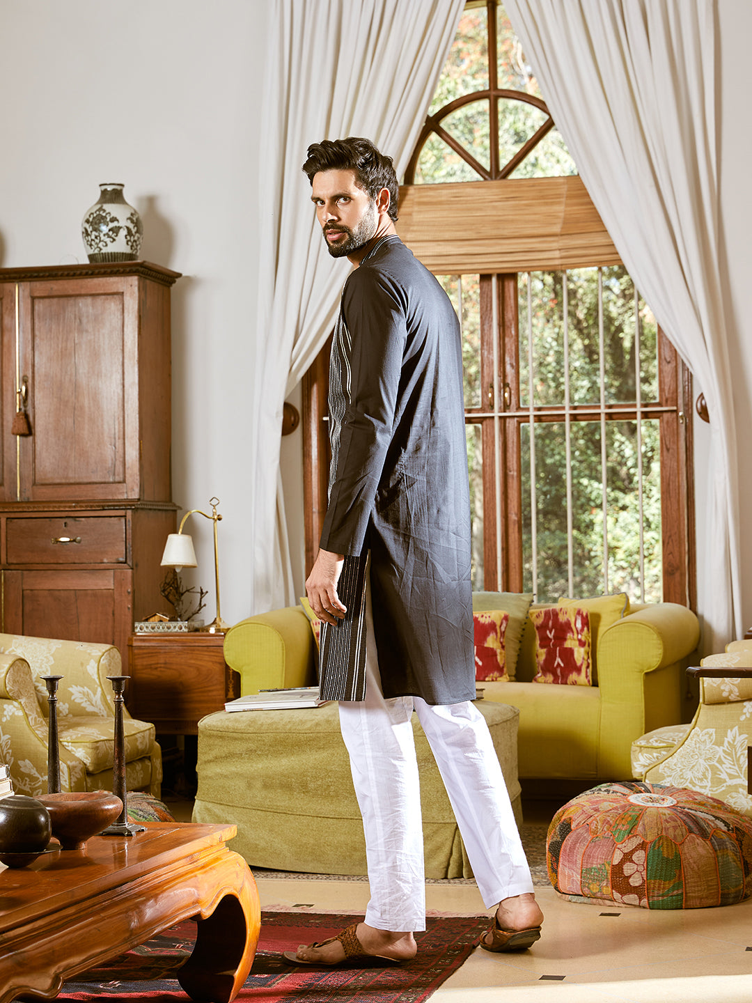 Gota Strips and Thread Worked Pure Cotton Straight Kurta with Pyjama