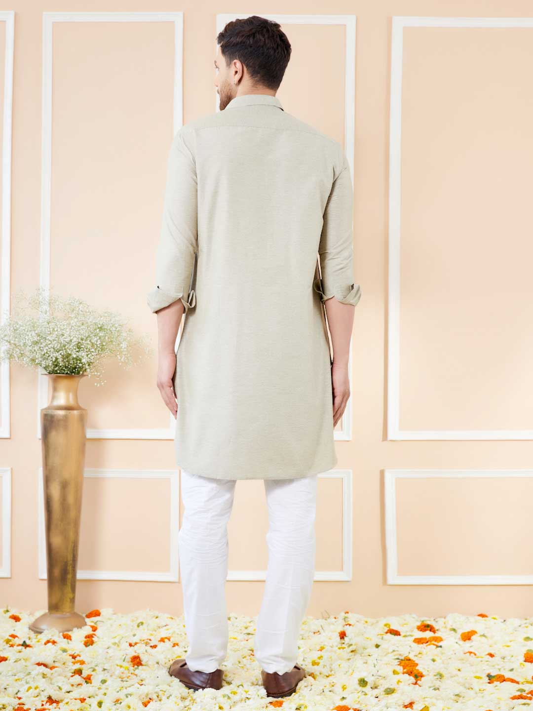 Cream Cotton Solid Pathani Kurta with Pyjama