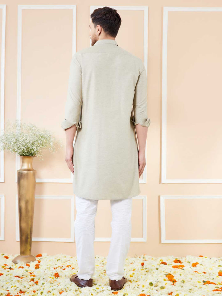 Cream Cotton Solid Pathani Kurta with Pyjama