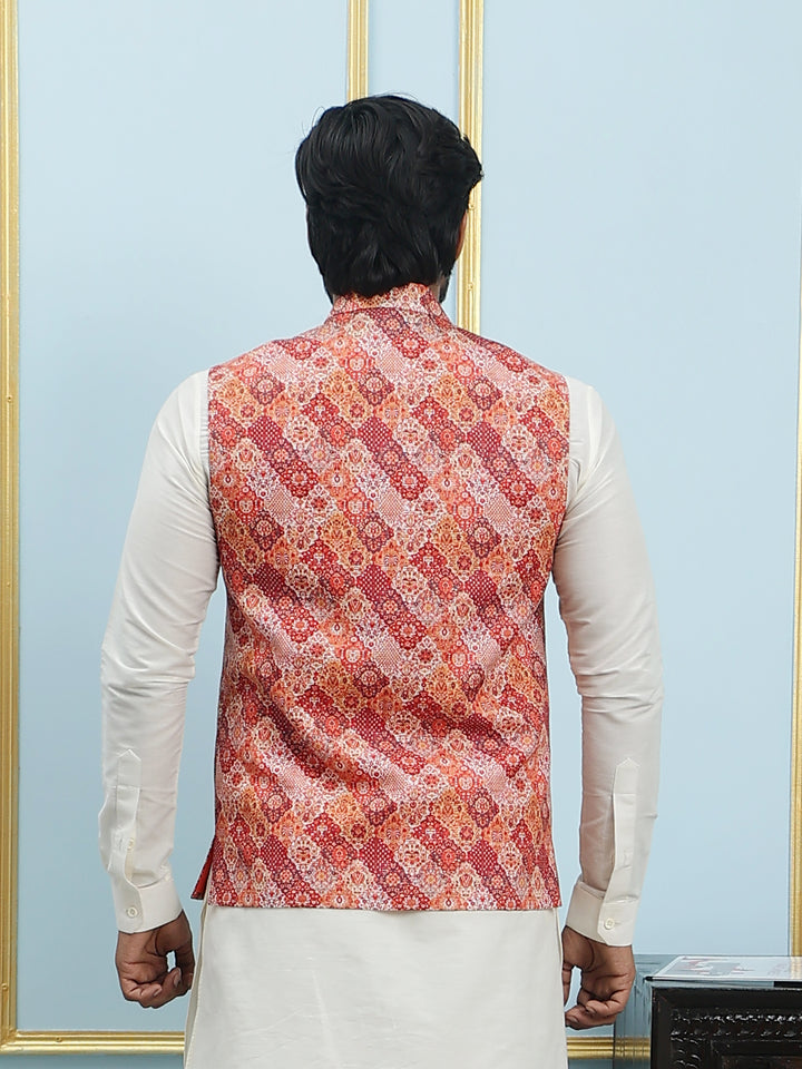 Pure Silk Straight Kurta & Pyjama Set with Printed Cotton Nehru Jacket