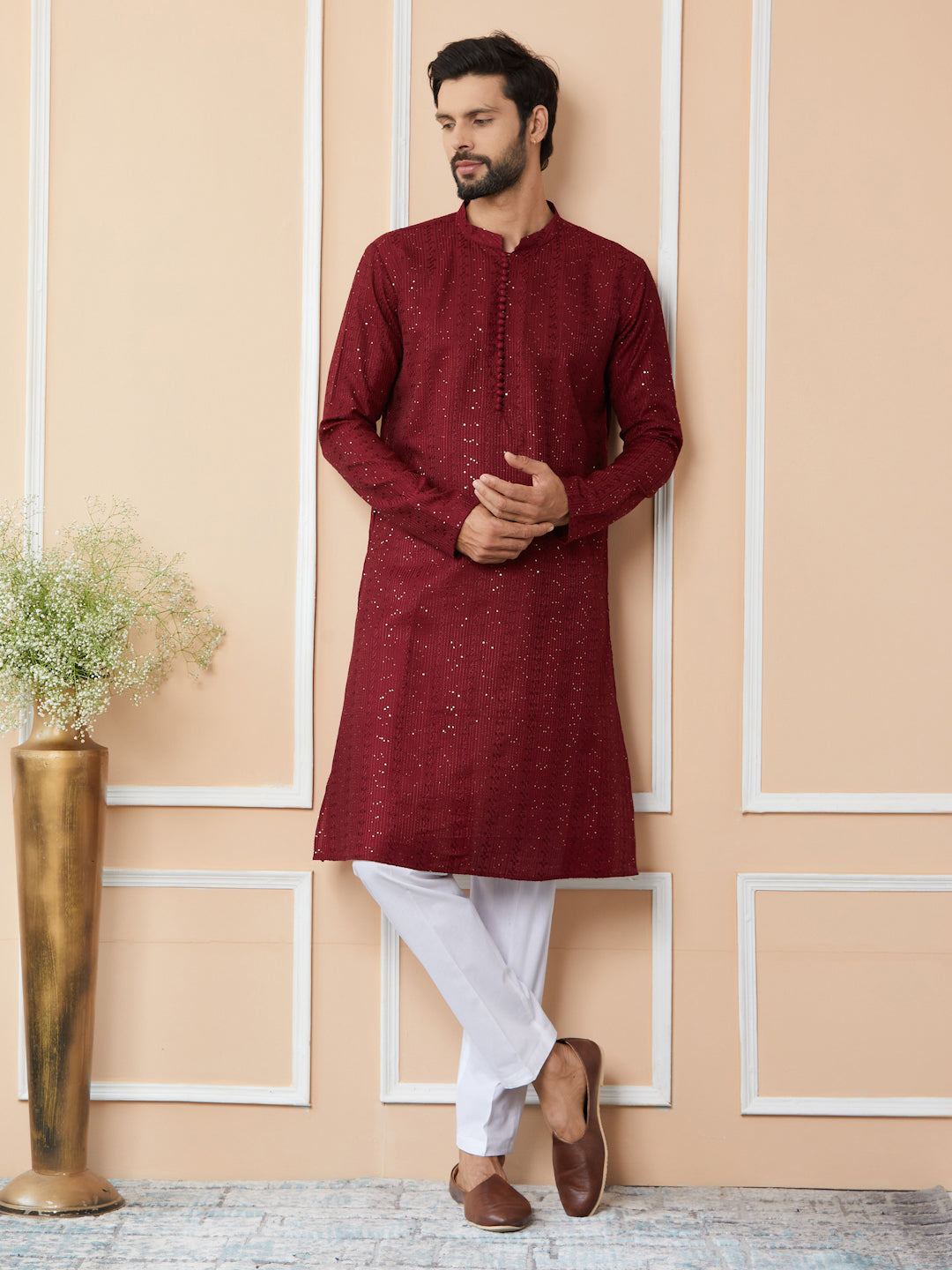 Dark Maroon Embroidered Thread Work Sequinned Chanderi Silk Straight Kurta