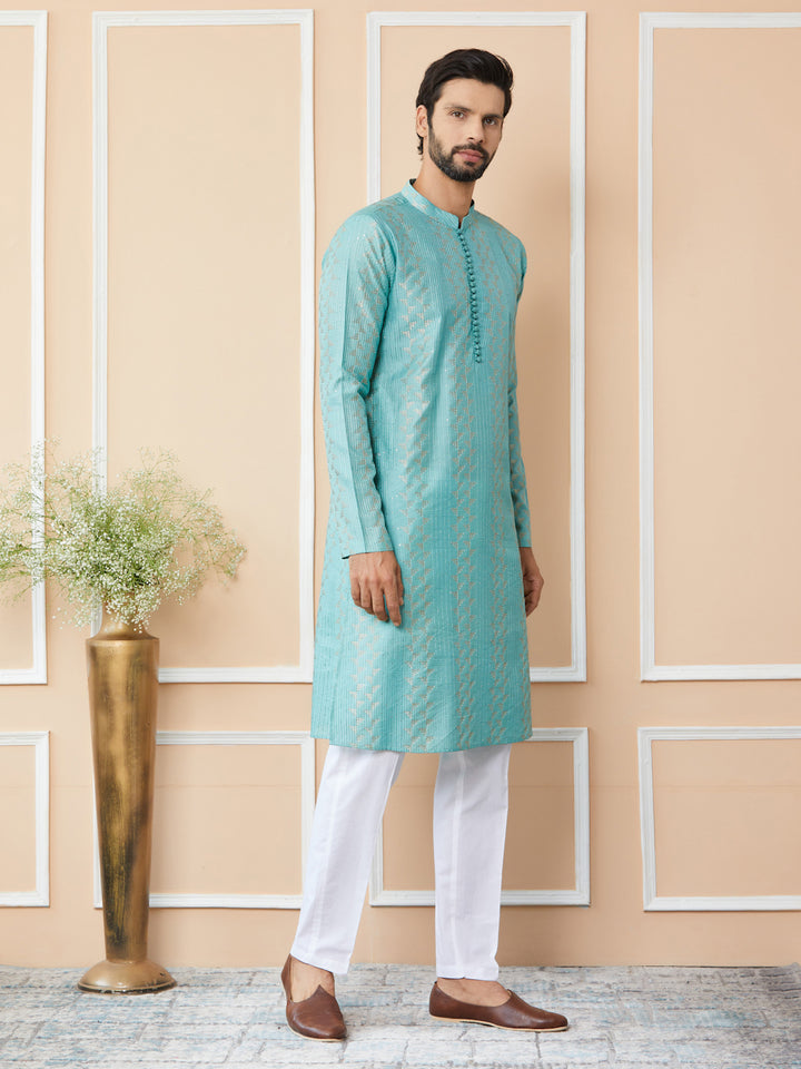 Ice Green Embroidered Thread Work Sequinned Chanderi Silk Straight Kurta with Pyjama