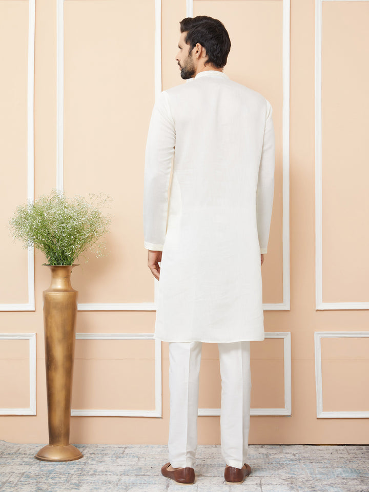 Off-White Embroidered Chanderi Silk Straight Kurta with Pyjama