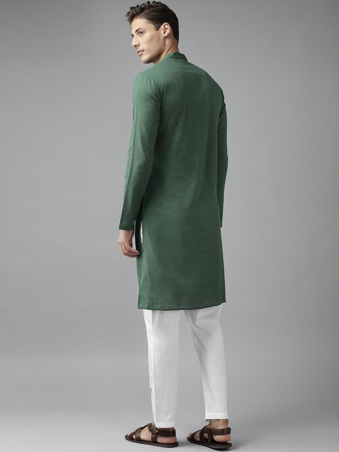 Men Emerald Green Cotton Slub Straight Kurta with Pyjama