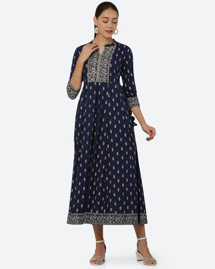 Women Blue And Gold Printed Anarkali Kurta