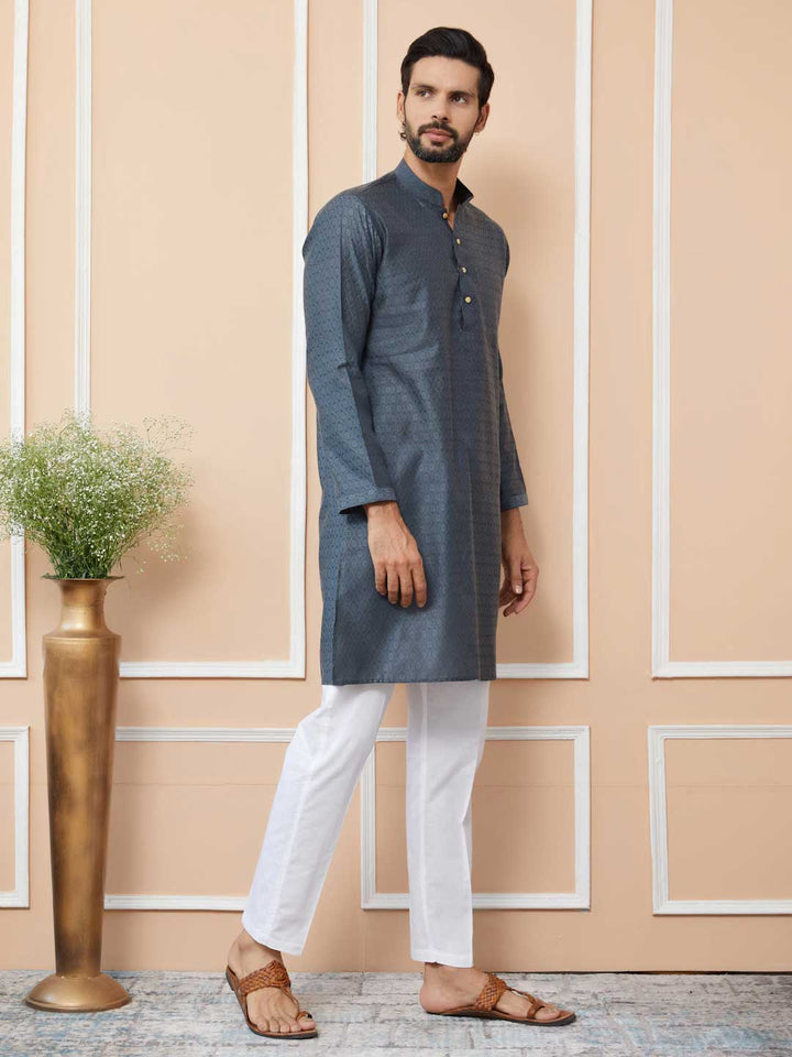 Charcoal Grey Ethnic Motifs Silk Jacquard Woven Design Straight Kurta