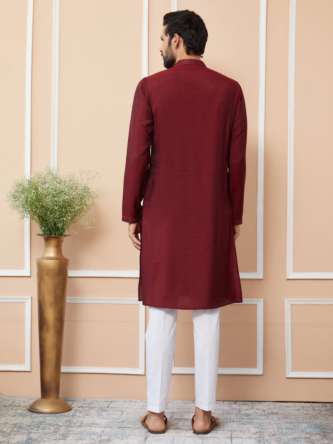 Maroon Embroidered Chanderi Silk Straight Kurta