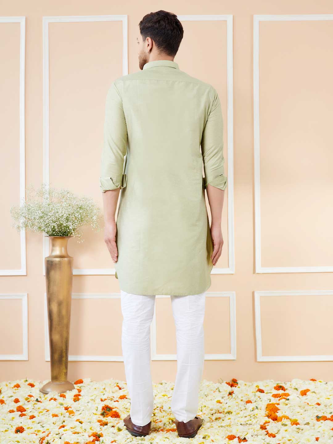 Green Cotton Solid Pathani Kurta