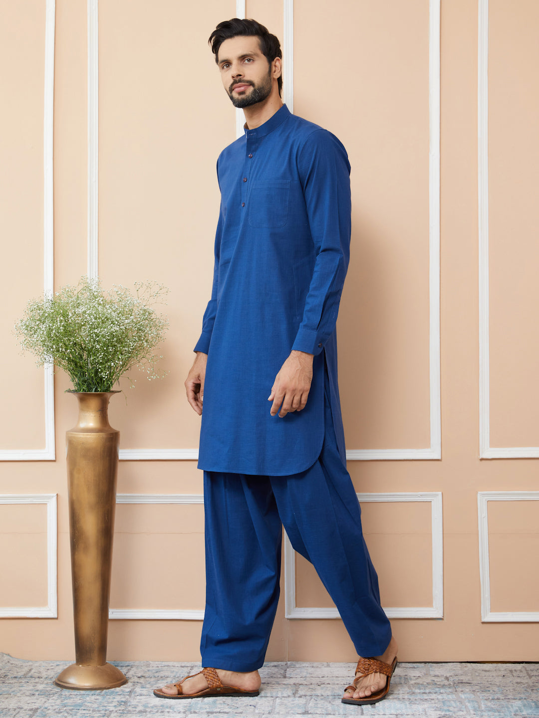 Navy Cotton Slub Pathani kurta with Salwar