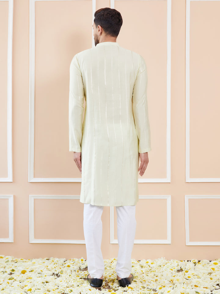 Men Cream and Gold Sequins Embroidered Chanderi Silk Straight Kurta