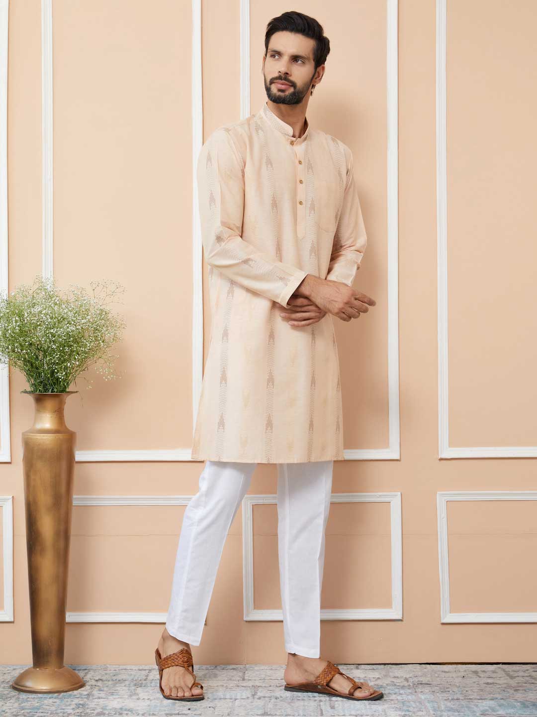 Peach Cotton Handloom motifs Straight Kurta