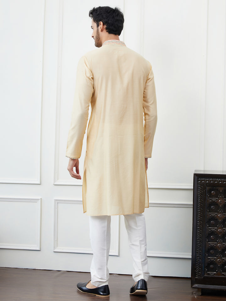 Solid Pure Cotton Straight Kurta with Embroidered Flacked and Pyjama