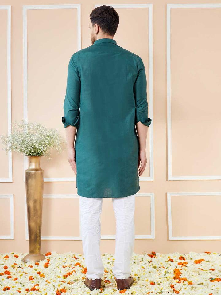 Green Cotton Solid Pathani Kurta with Pyjama