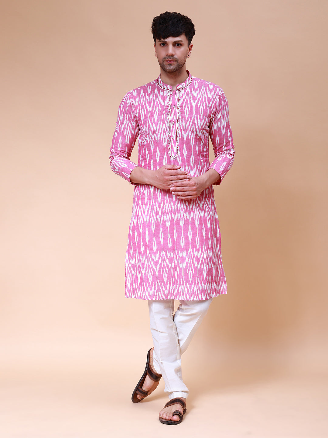 Printed Ikat Pure Cotton Straight Kurta with Embroidered Neck Design and Pyjama