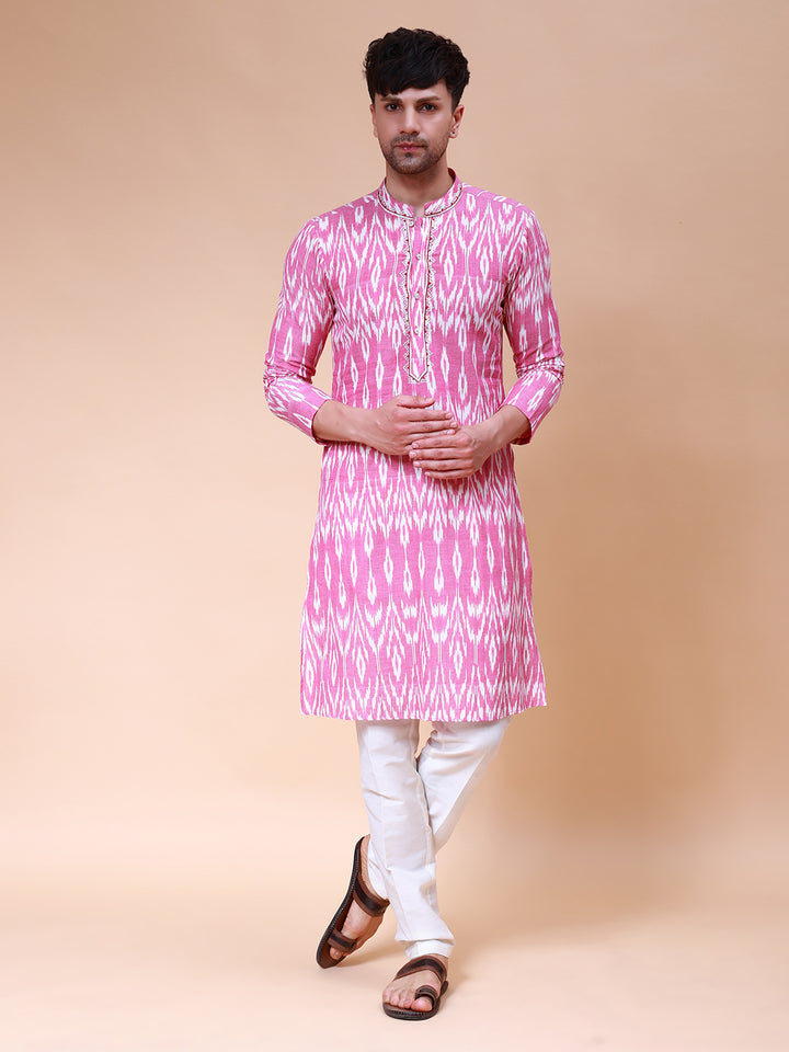 Printed Ikat Pure Cotton Straight Kurta with Embroidered Neck Design and Pyjama