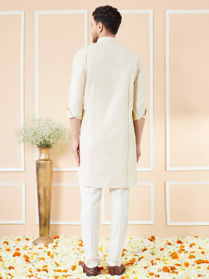 Cream Cotton Solid Pathani Kurta with Pyjama