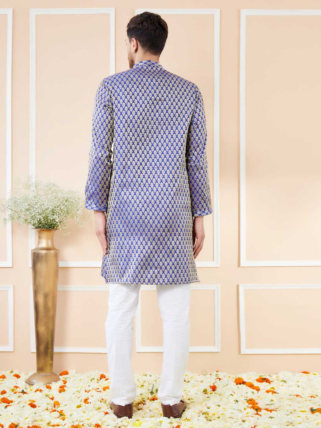 Blue Ethnic Motifs Silk Jacquard Woven Design Straight Kurta with Pyjama