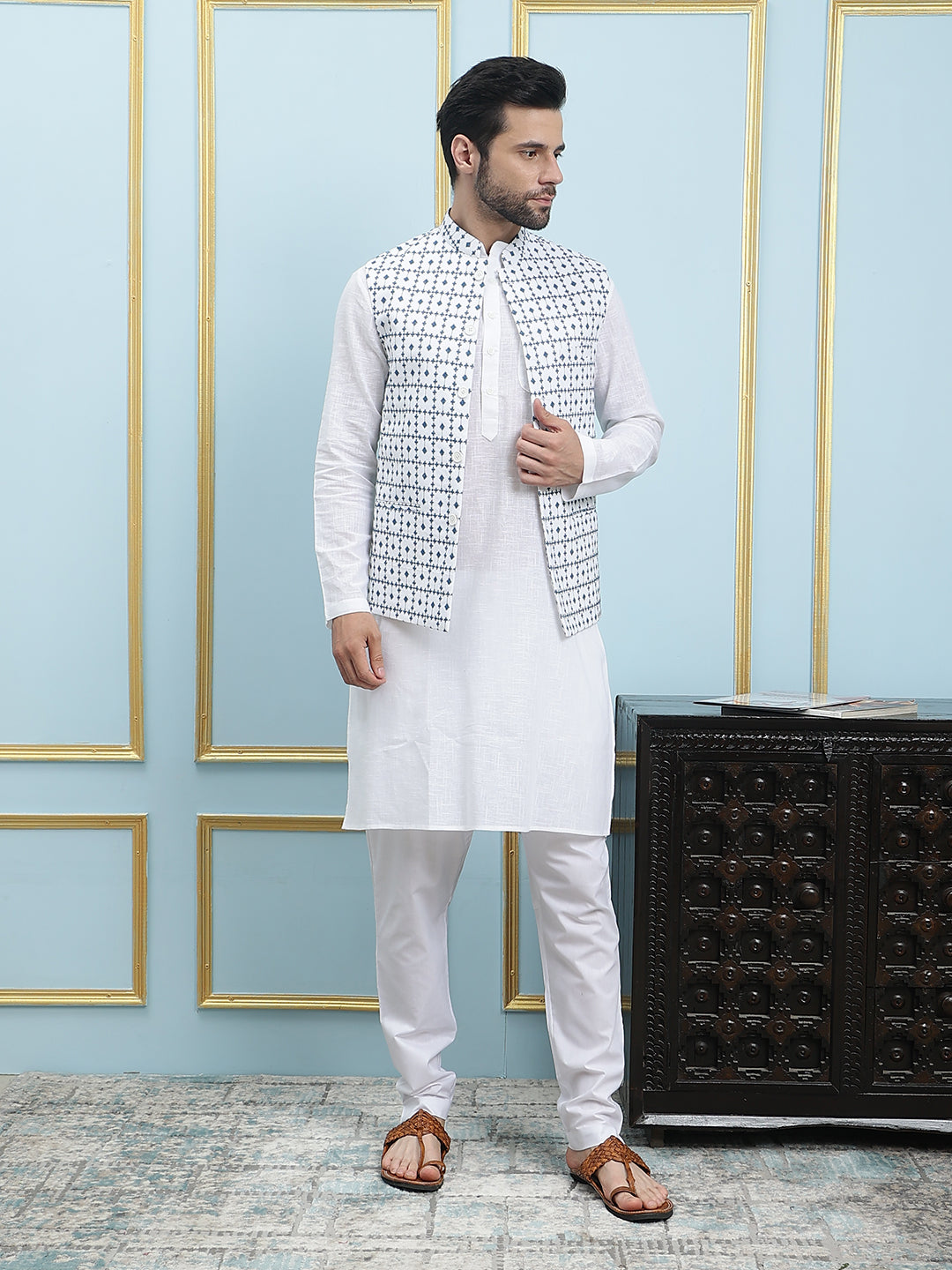 Pure Cotton Straight Kurta & Pyjama with Embroidered Nehru Jacket