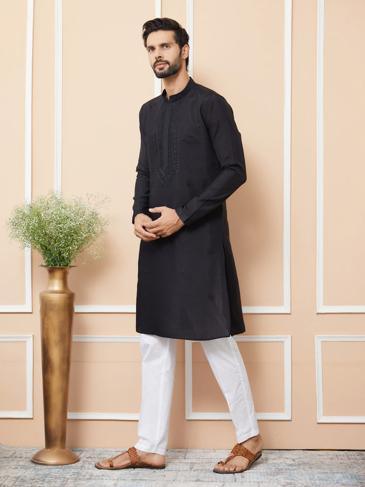 Black Embroidered Chanderi Silk Straight Kurta with Pyjama