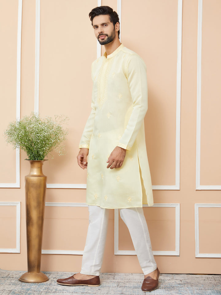 Yellow Embroidered Chanderi Silk Straight Kurta