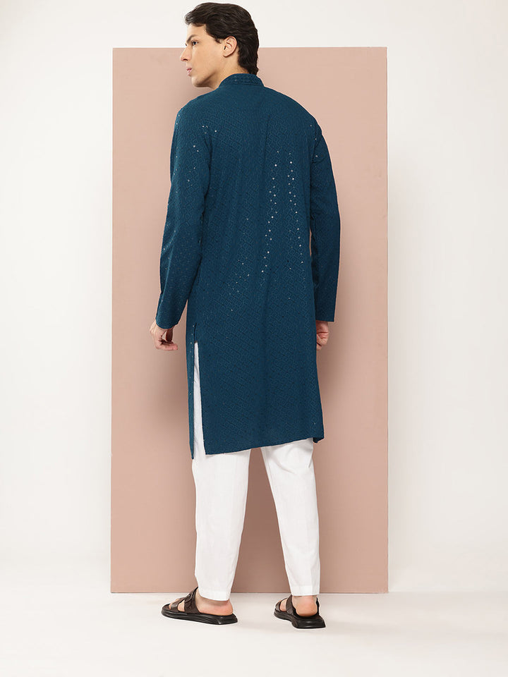 Men's Dark Blue Sequin Embroidered Rayon Kurta, Paired with Pyjama