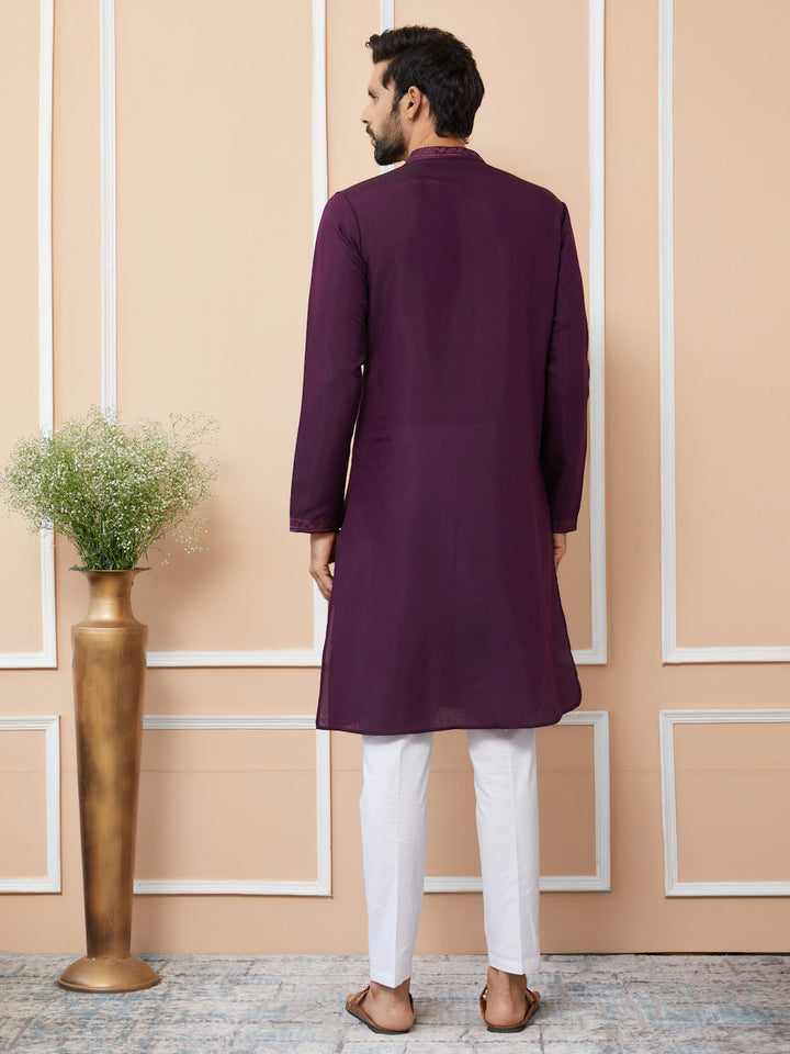 Dark Purple Embroidered Chanderi Silk Straight Kurta