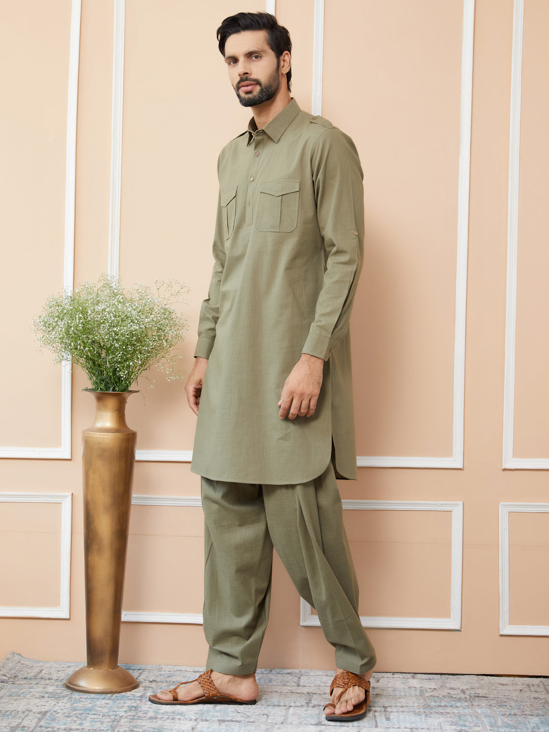 Olive Cotton Slub Pathani kurta with Salwar