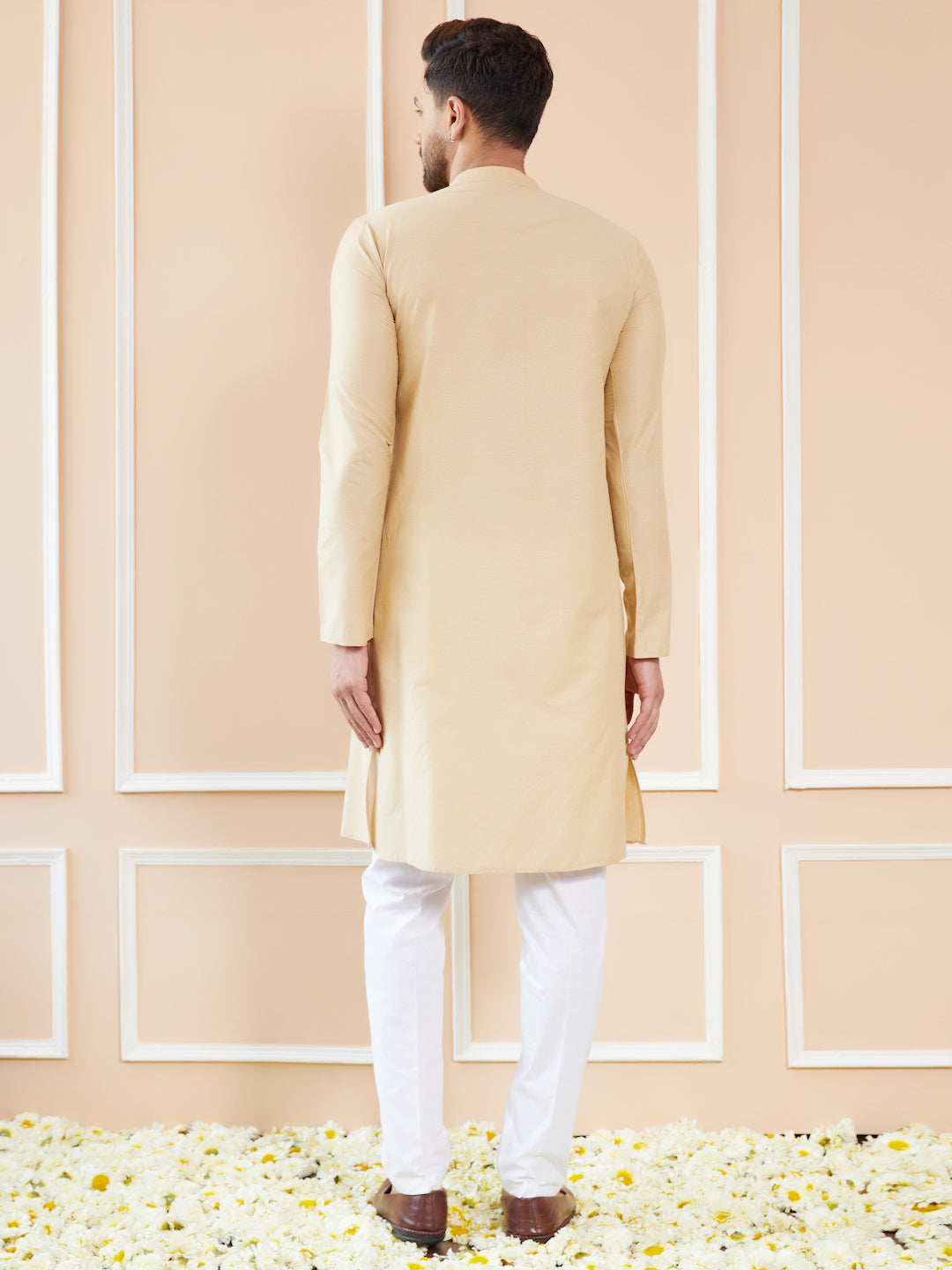 Cream Cotton Solid Straight Kurta with Pyjama