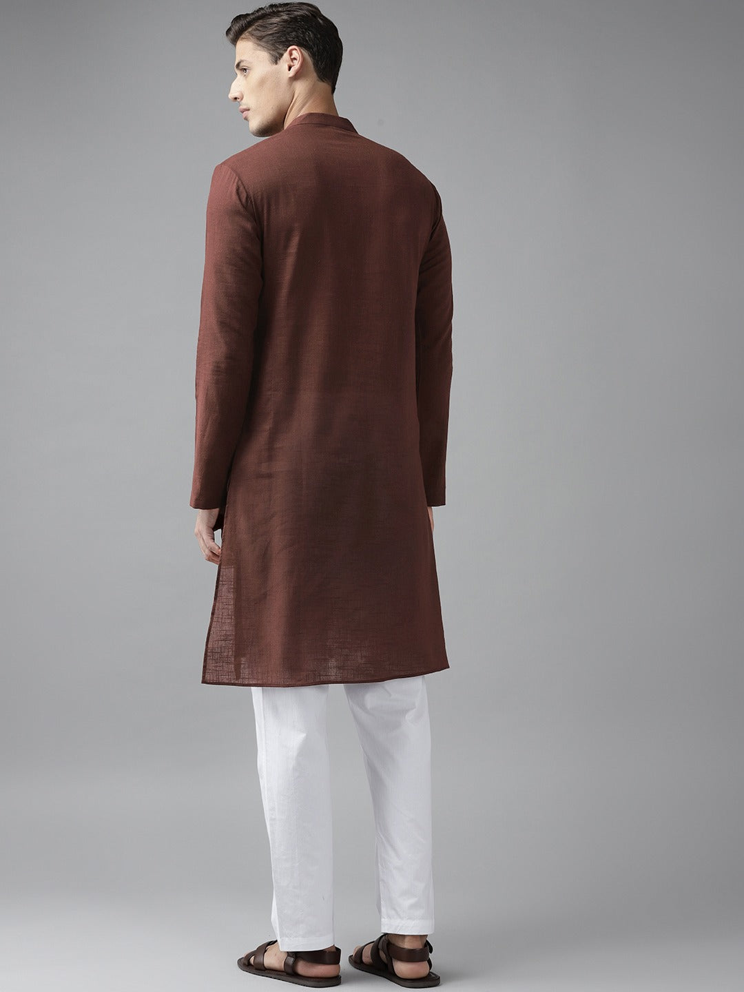 Men Brown Cotton Slub Straight Kurta with Pyjama