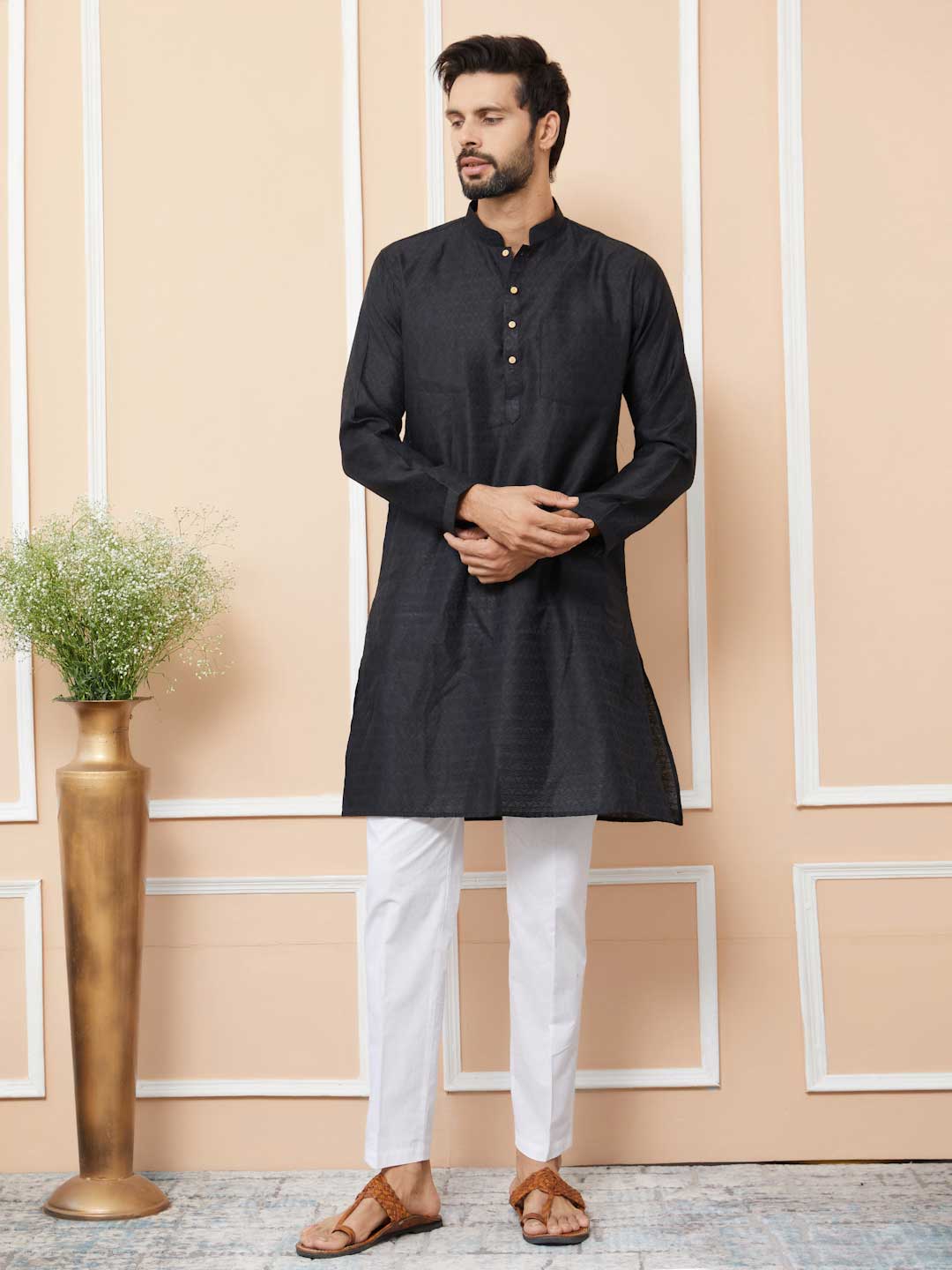 Black Ethnic Motifs Silk Jacquard Woven Design Straight Kurta with Pyjama