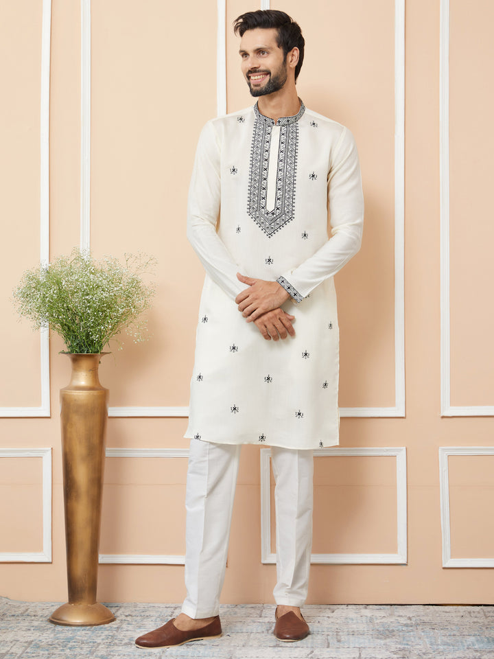 Cream Embroidered Chanderi Silk Straight Kurta with Pyjama