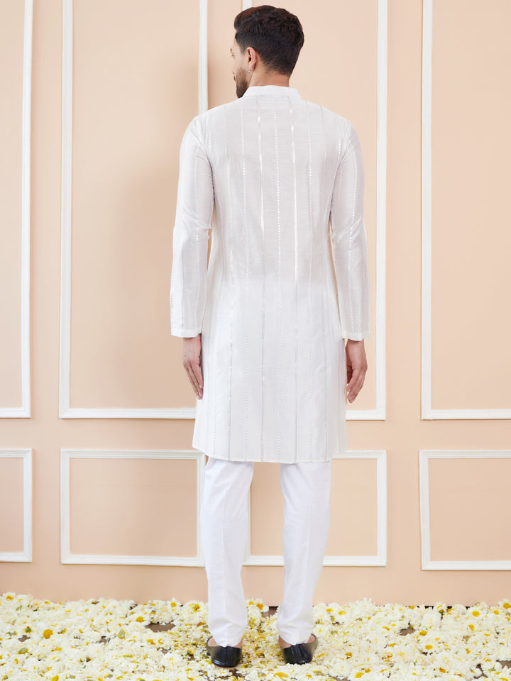 White Sequins Embroidered Pure Chanderi Silk Straight Kurta with Pyjama