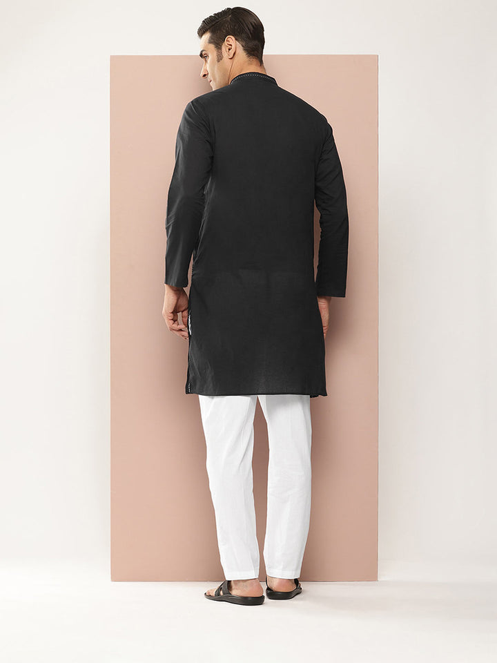 Men's Black Cotton Kurta with Pintex Design, Paired with Pyjama