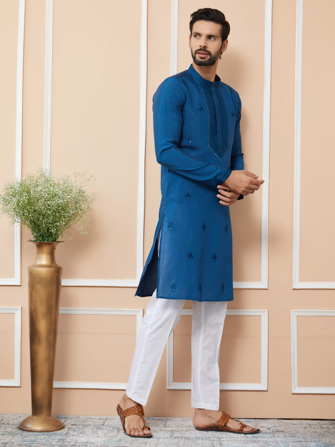 Dark Blue Embroidered Chanderi Silk Straight Kurta