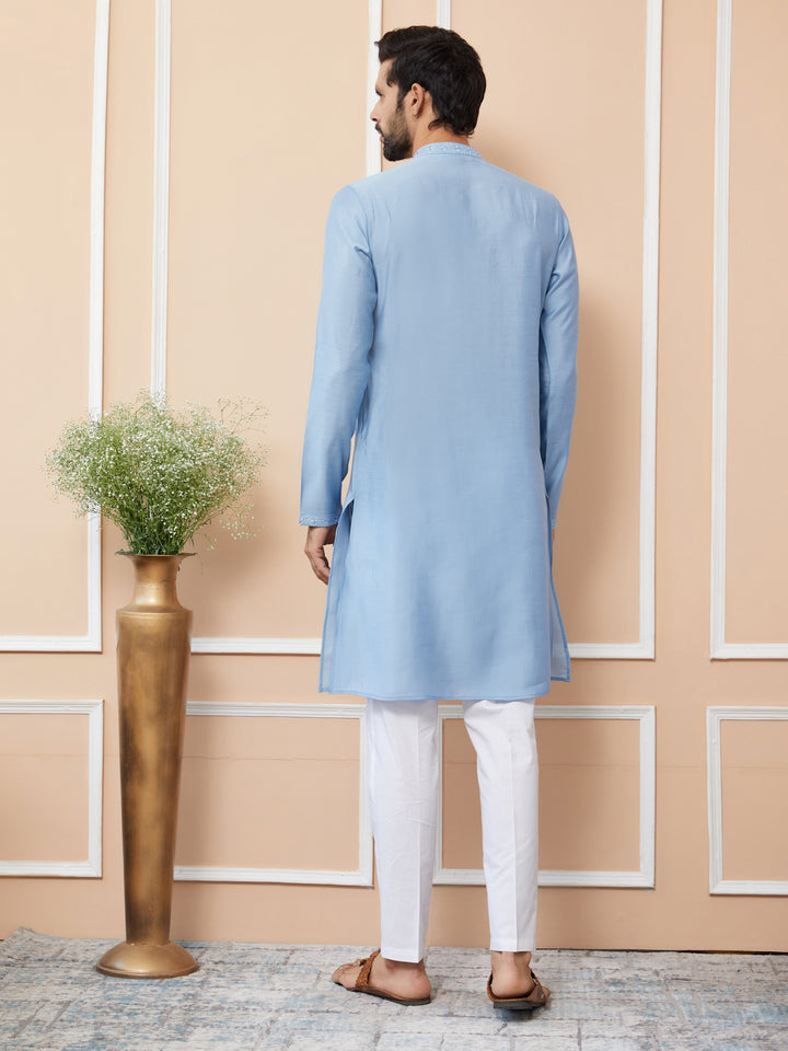 Light Blue Embroidered Chanderi Silk Straight Kurta with Pyjama