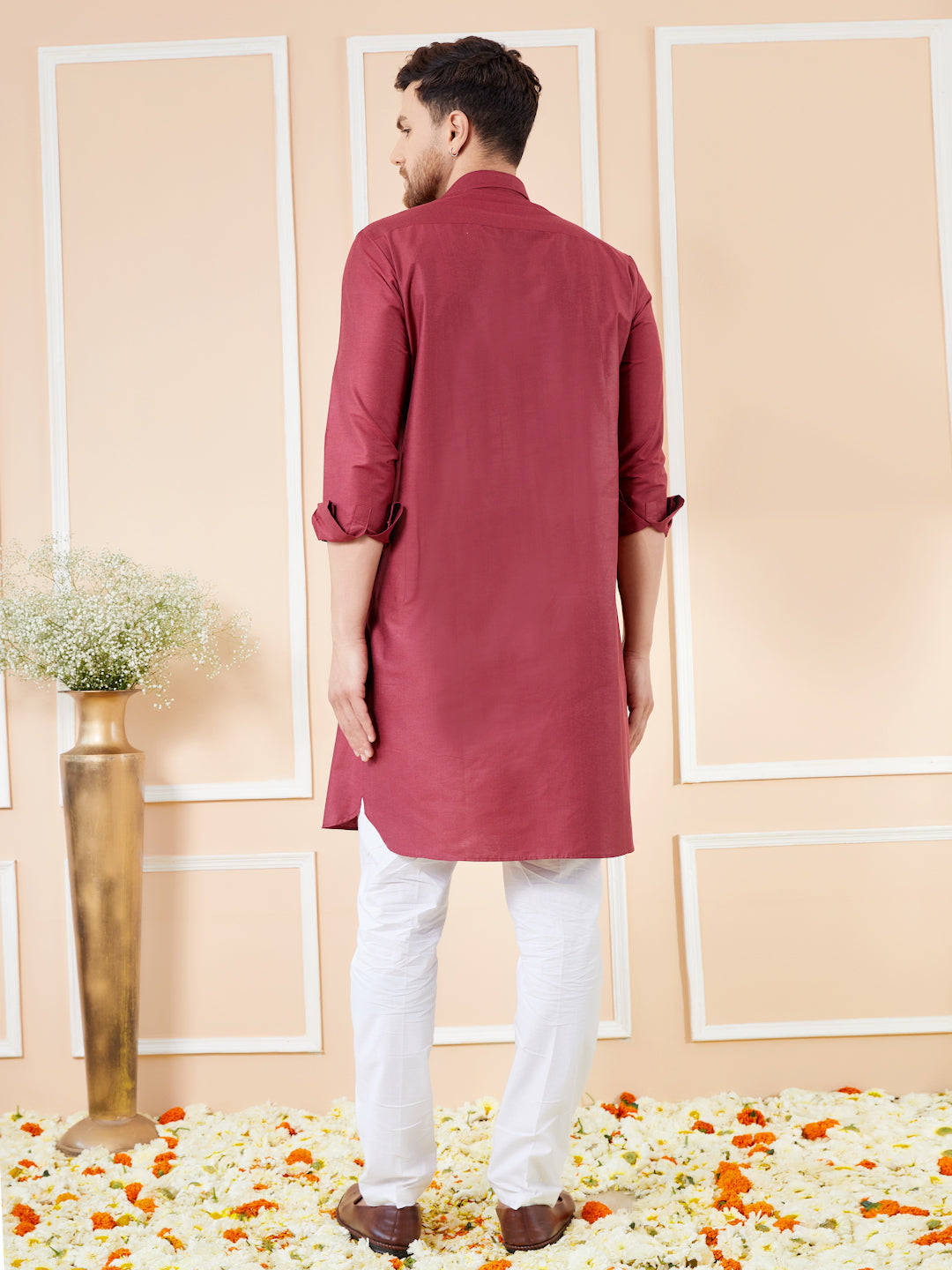 Red Cotton Solid Pathani Kurta with Pyjama