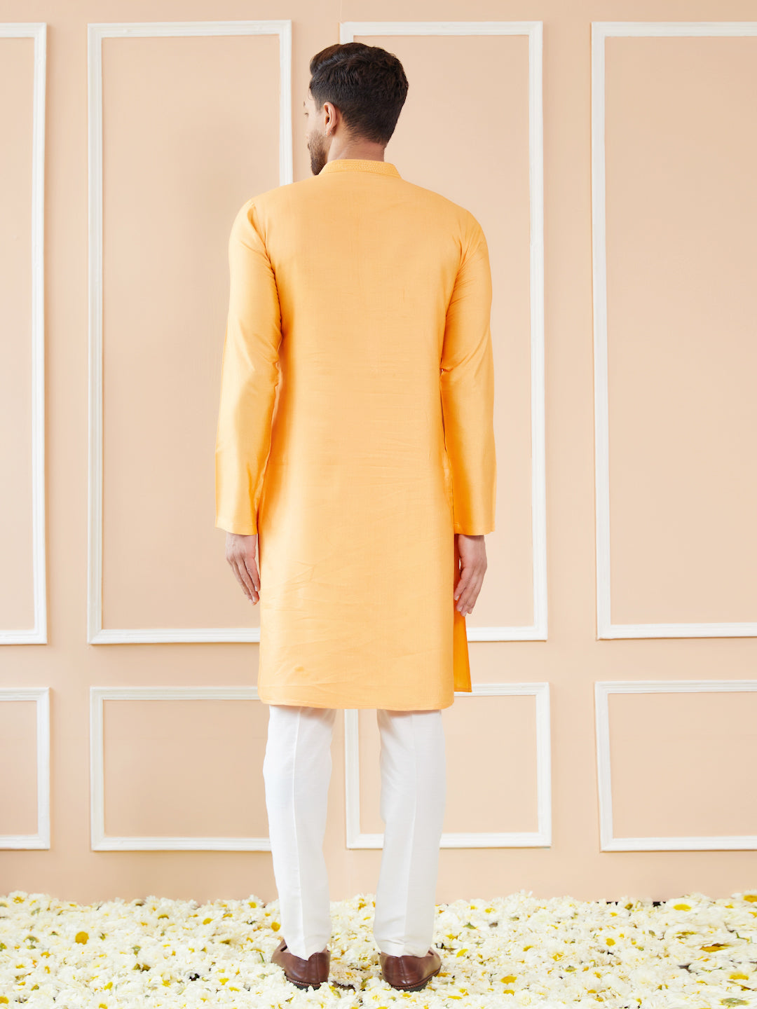 Peach Orange Chanderi Silk Straight Kurta with Embroidered Neckline