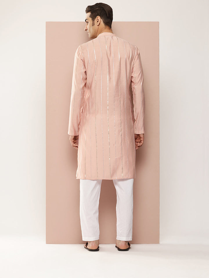 Men's Pink Chanderi Silk Kurta with Sequin Embroidery, Paired with Pyjama