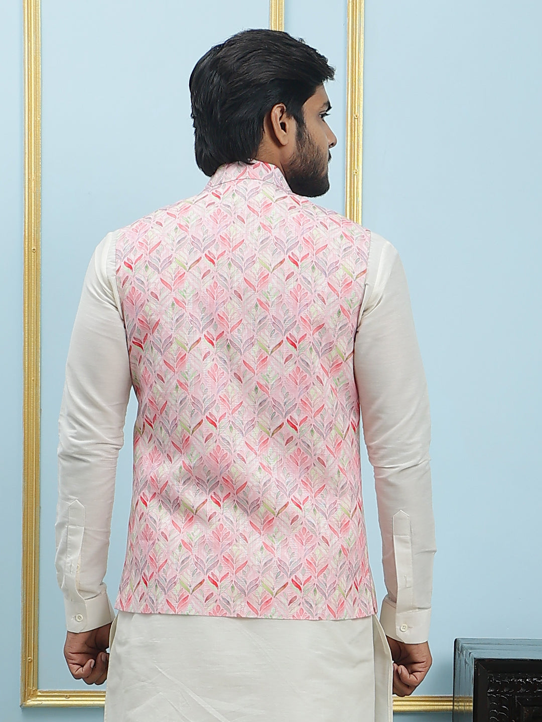 Pure Silk Straight Kurta & Pyjama Set with Printed Cotton Nehru Jacket