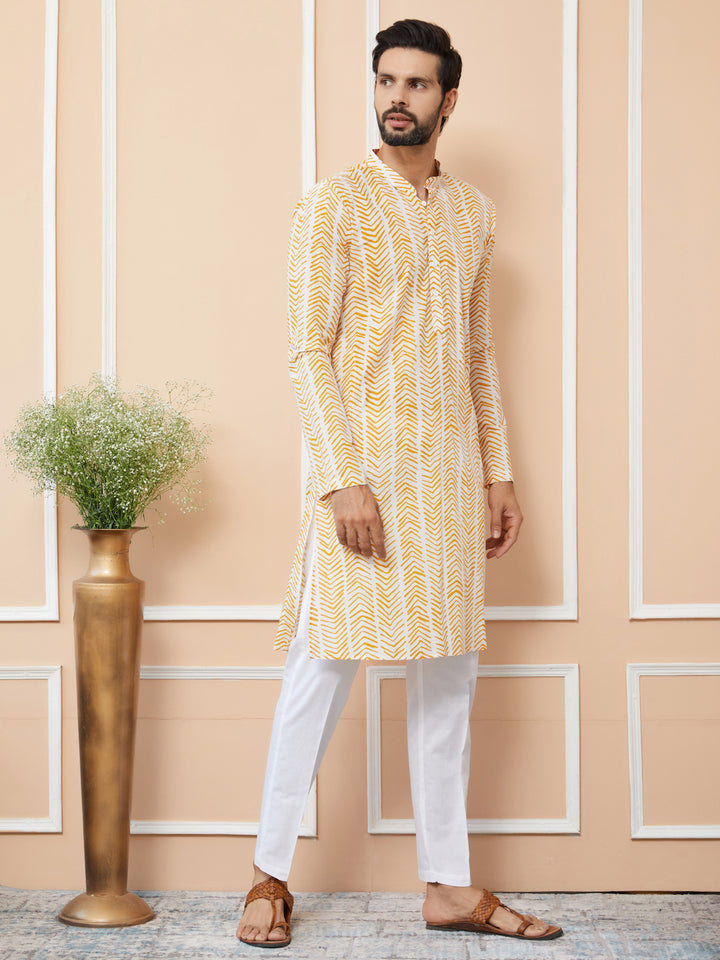 White-Yellow Printed Pure Cotton Straight Kurta with Pyjama